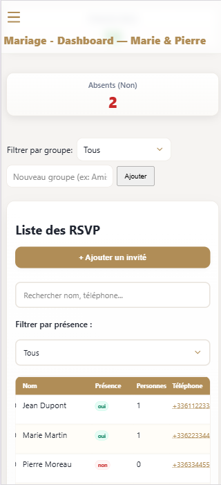 Application Gestion Mariage France - Tableau de bord
